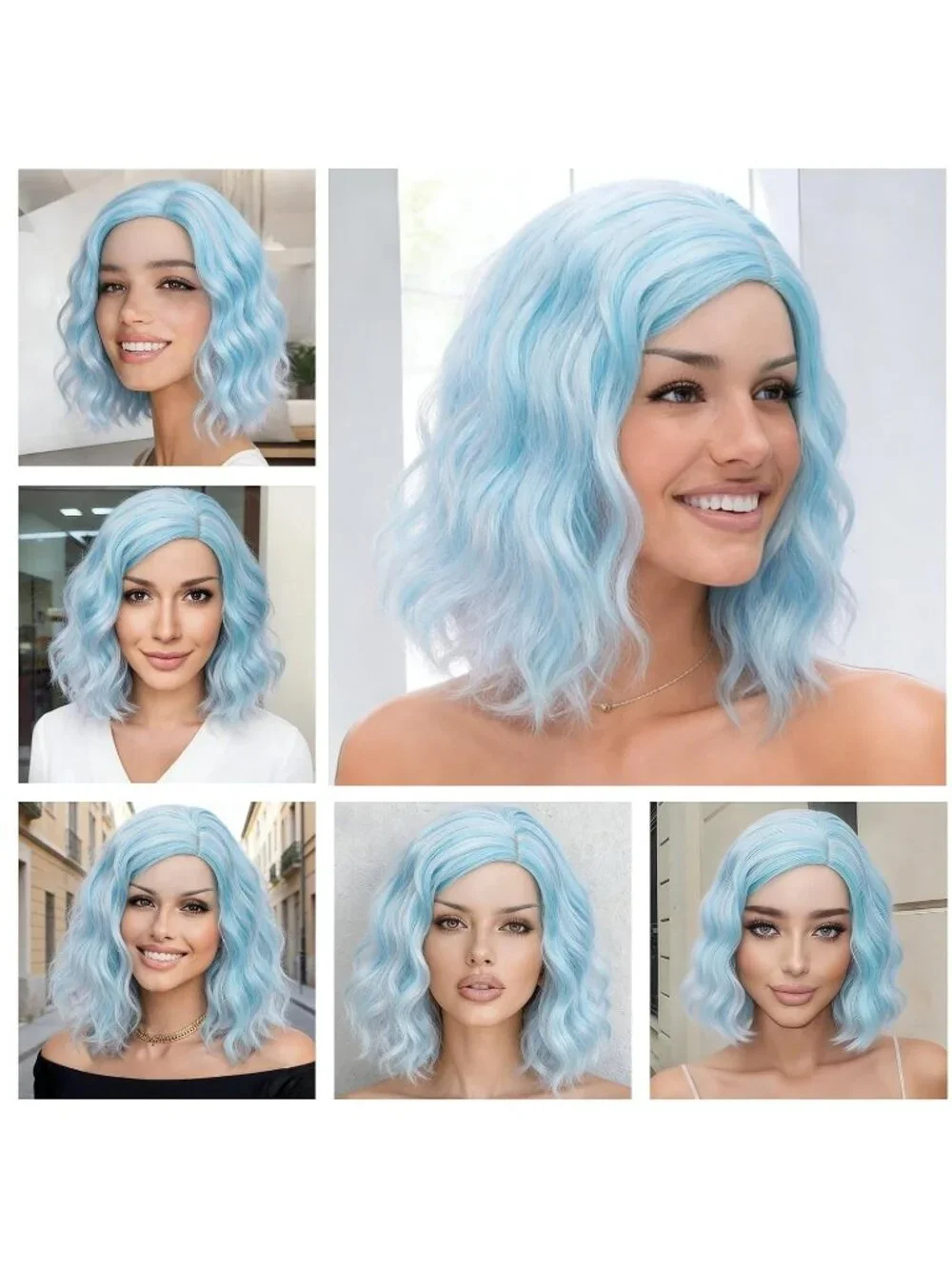 Women's 14 Inch Blue Wavy Bob Wig Short Curly Synthetic Heat Resistant